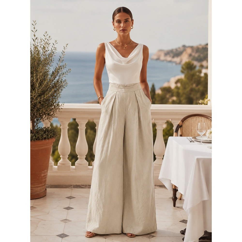 Karen Millen Pleated High Rise Linen Wide Leg Trousers Womens 4 Beige